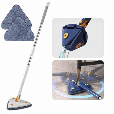 360 Rotatable Adjustable Cleaning Mop Reusable Triangle Mop with 52.1'' Long Handle Automatic Wringing Cleaning Mop Spin Mop Wet Dry Scrubber Brush for Floor Wall Ceiling (White+2pcs Clothes)