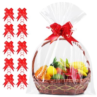 JOYIT 10PCS Extra Large Cellophane Wrap for Gift Baskets, 35x55 Inch Clear Cellophane Bags with 10 Red Bows, 3 Mil Thicker Cellophane Gift Bags for Gift Basket Wrap, Gift Giving