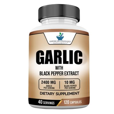 American Standard Supplements Garlic 2400mg Per Serving with Black Pepper Fruit Extract  Vegan, Gluten Free, Non-GMO, 120 Capsules, 40 Servings