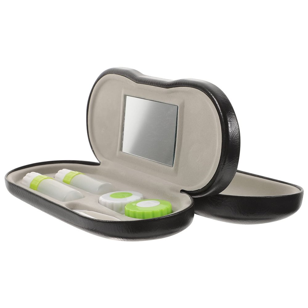 Healifty Contact Lens Case & Glasses Case with Built-in Mirror, Tweezer & Contact Solution Bottle - 2-in-1 Eyeglass & Lens Case Double Layer Portable Lens Box for Home Travel, Black3