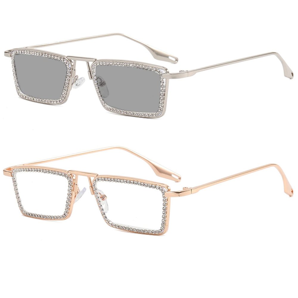 2 Pack Sparkling Crystal Reading Glasses For Women Disco Diamond Eyewear Fashion Transition Photochromic Sunglasses Reader (2pcs-gold&silver, 3.25, multiplier_x)