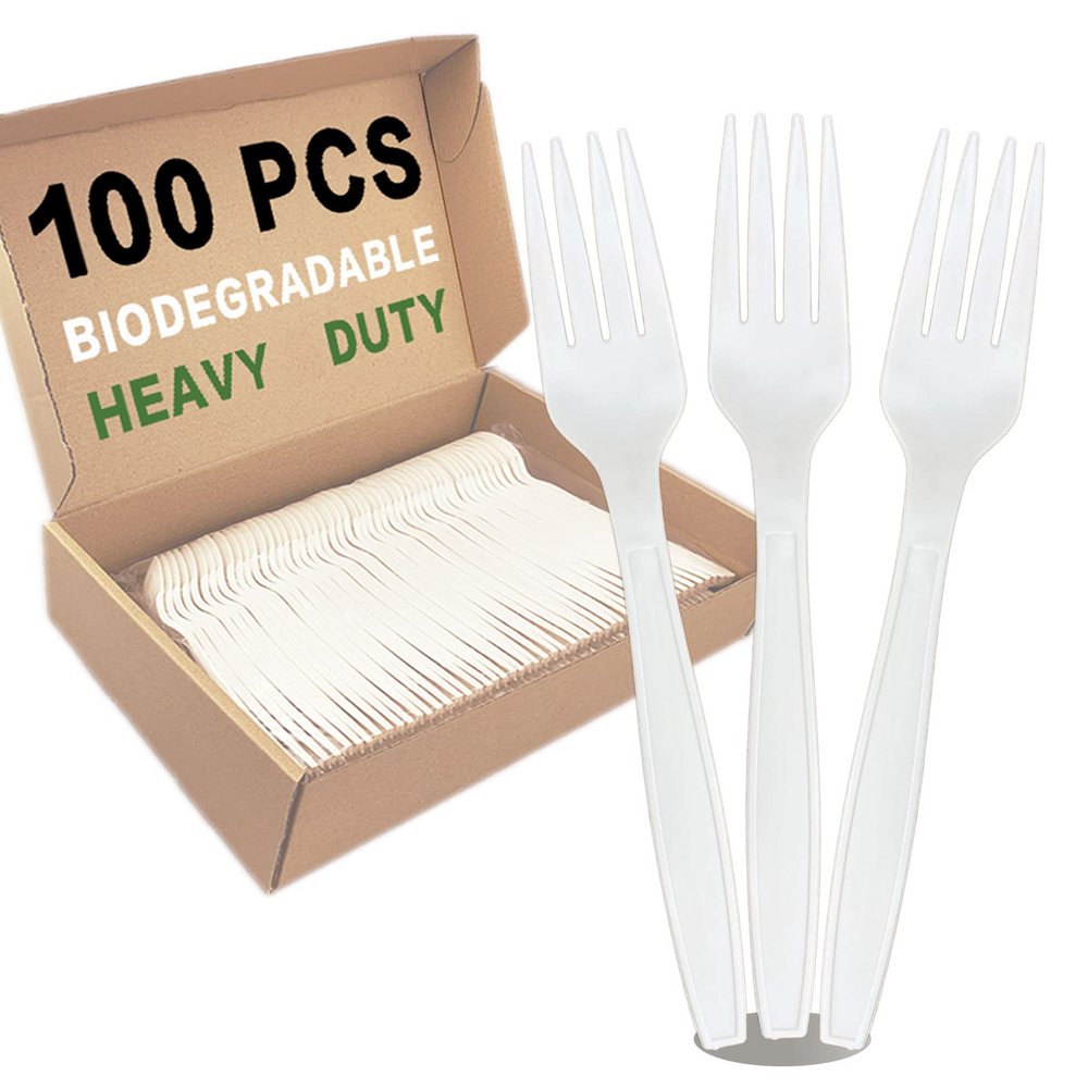 100pcs 100% Compostable Biodegradable Utensils Disposable Cutlery Set Cornstarch Spoon Fork Knife Alternative to Plastic (Fork 100)