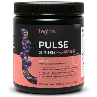 LEGION Pulse Pre Workout Supplement - All Natural Nitric Oxide Preworkout Drink to Boost Energy, Creatine Free, Naturally Sweetened, Beta Alanine, Citrulline, Alpha GPC (Caffeine Free Grape)