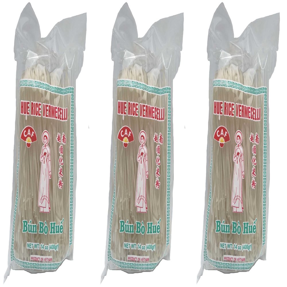 CAF Premium Vermicelli Rice Noodles, Rice Vermicelli, Bun Bo Hue, Rice Sticks 14oz (14Oz Pack of 3)
