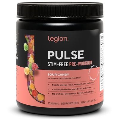 LEGION Pulse Pre Workout Supplement - All Natural Nitric Oxide Preworkout Drink to Boost Energy, Creatine Free, Naturally Sweetened, Beta Alanine, Citrulline, Alpha GPC (Caffeine Free Sour Candy)