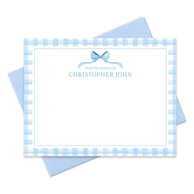 Baby Shower Thank You Cards and Envelopes Personalized from Boy Nursery, Blue Baby Thank You Cards Stationery, Flat A2 Note Card and Envelope Stationery Set (Bow with Gingham Border)