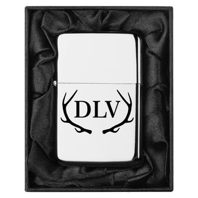 Custom Personalized Engraved Lighter in Black Silk Lined Gift Box (Deer Buck Antlers Hunting Hunter, Chrome)