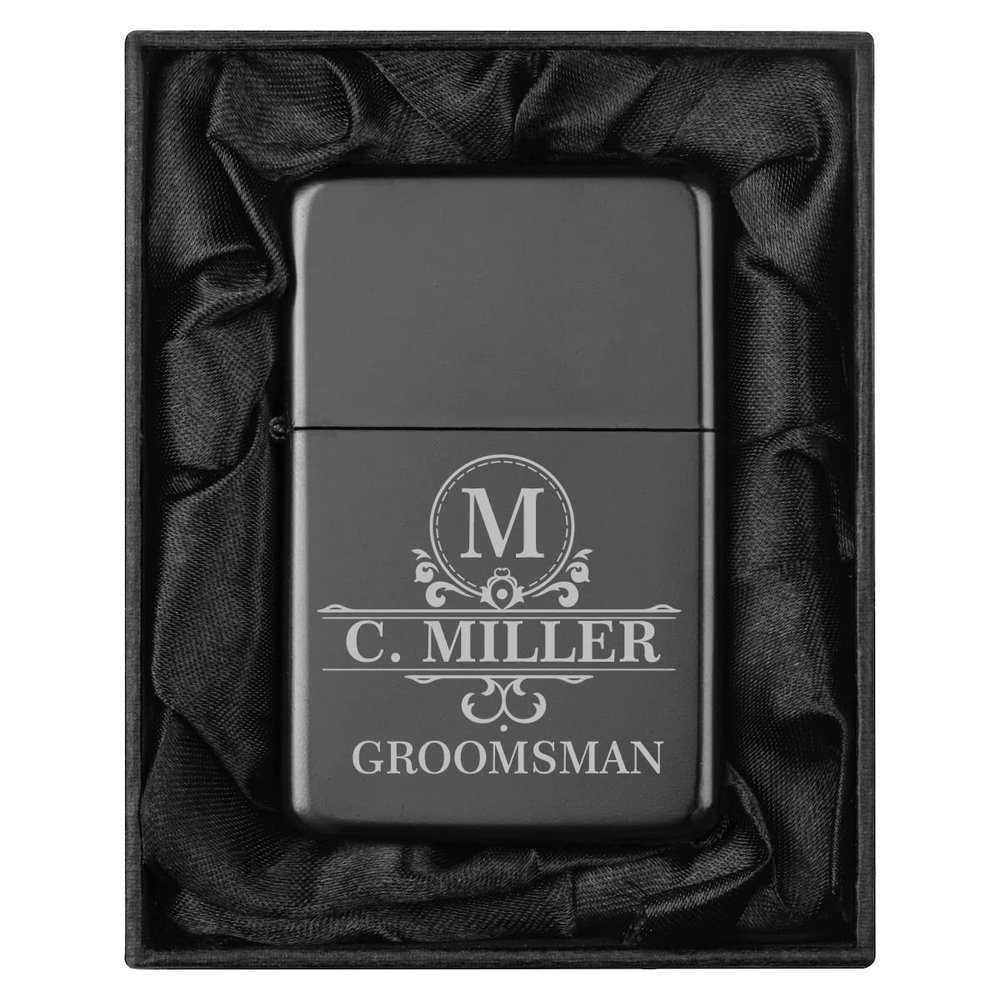Custom Personalized Engraved Lighter in Black Silk Lined Gift Box (Monogram, Black)