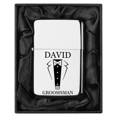 Custom Personalized Engraved Lighter in Black Silk Lined Gift Box (Wedding Tuxedo, Chrome)