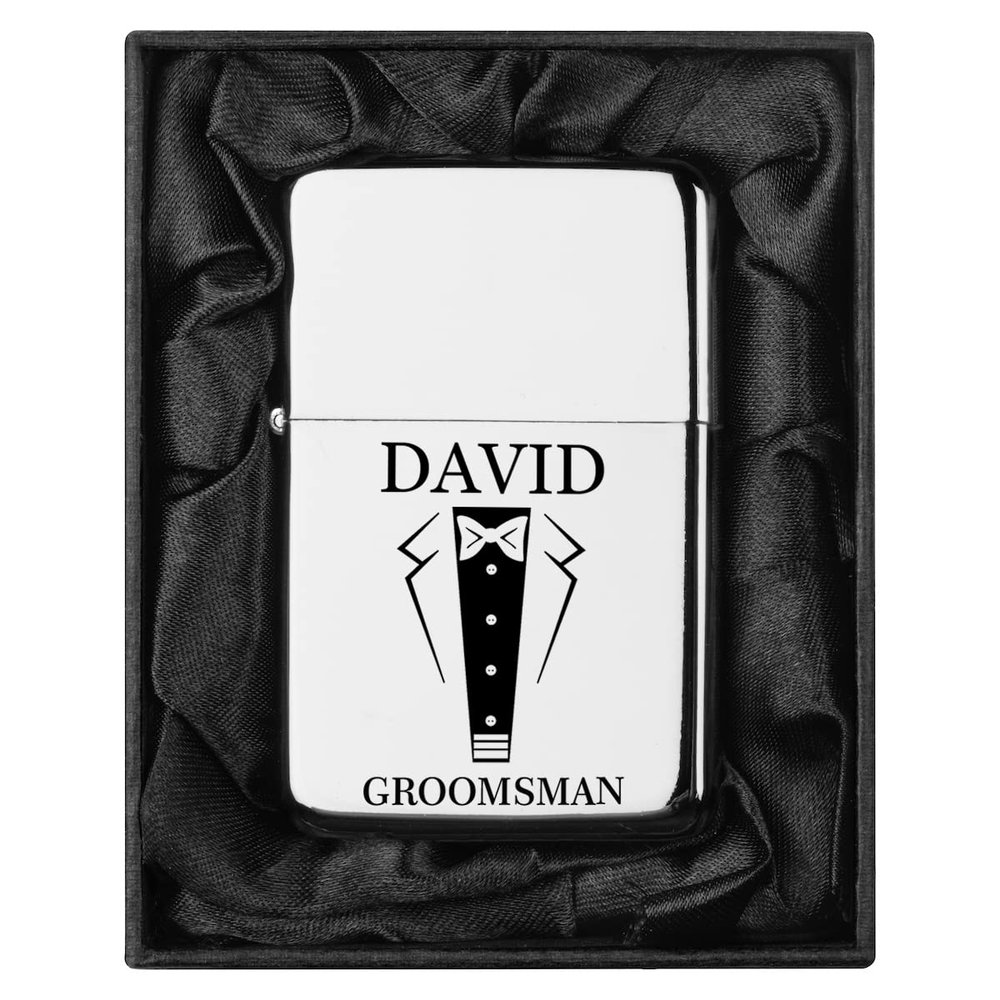 Custom Personalized Engraved Lighter in Black Silk Lined Gift Box (Wedding Tuxedo, Chrome)