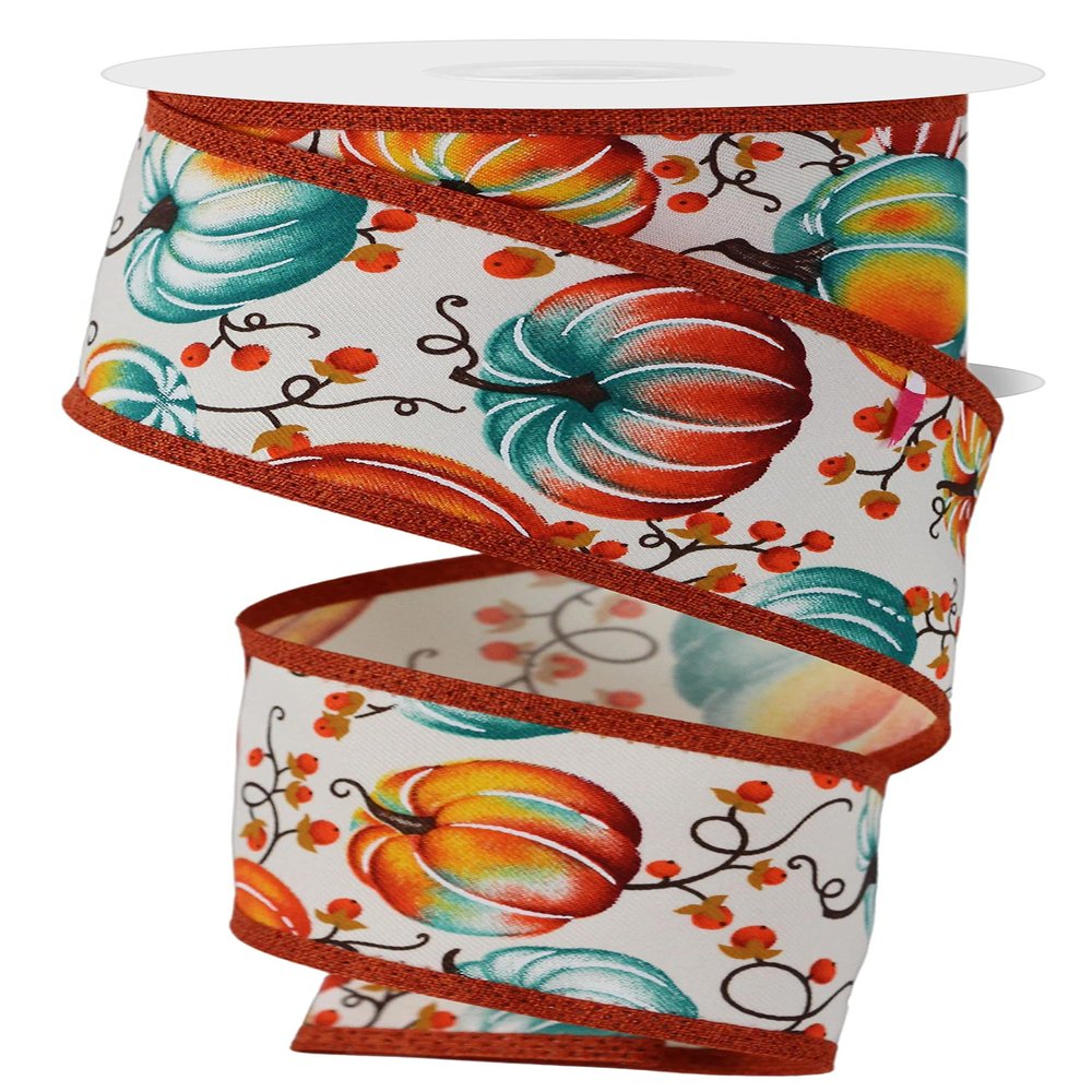 Craig Bachman, 2.5" Pumpkins Bittersweet Ribbon: Ivory/Teal (10 Yards) - Holiday Decorative Gift Wrapping Ribbon