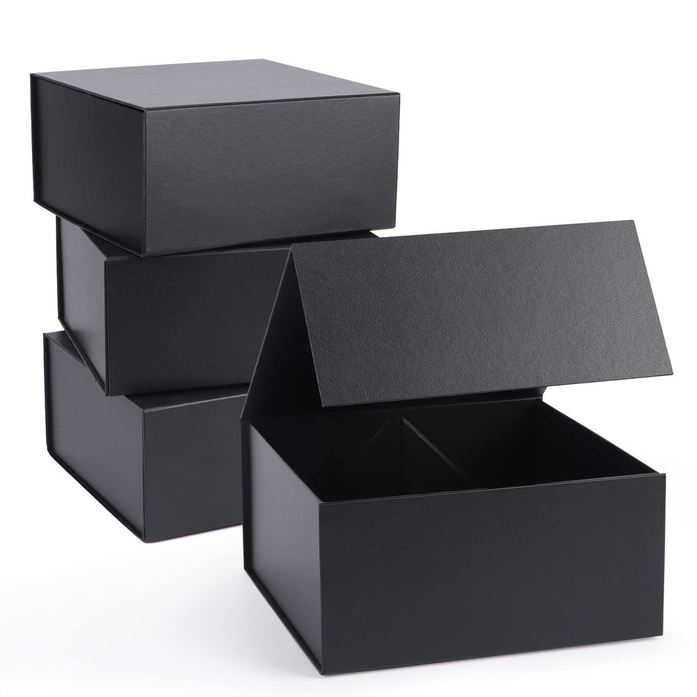 Giftgarden 4-Pack 8x8x4 Black Gift Boxes with Magnetic Lids, Square Collapsible Gift Wrap Box Magnet Clourse for Presents, Mothers Day, Birthday, Wedding, Bridesmaid Groomsman Proposal Box