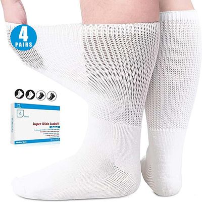 Bulinlulu Extra Width Socks for Swollen Feet-4 Pairs Bariatric Hospital Socks,Lymphedema Diabetic Socks for Women Men 13-15 -2 Black and 2 White