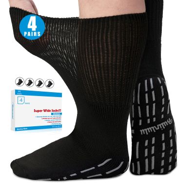 Bulinlulu Extra Width Diabetic Socks Women Men-4 Pairs Super Wide Edema Sock for Swollen Feet,Non Slip Cast Bariatric Hospital,Extra Width Neuropathy Lymphedema Socks with Grips- 4 Black