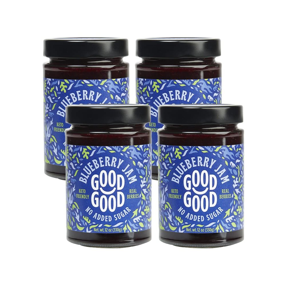 GOOD GOOD Blueberry Jam - No Added Sugar - Low Calorie - Gluten Free and Vegan - Diabetic and Keto Friendly - 12oz / 330g (Pack of 4)