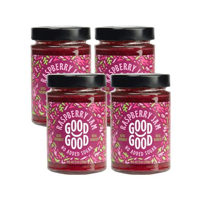 GOOD GOOD Raspberry Jam - No Added Sugar - Low Calorie - Gluten Free and Vegan - Diabetic and Keto Friendly - 12oz / 330g (Pack of 4)