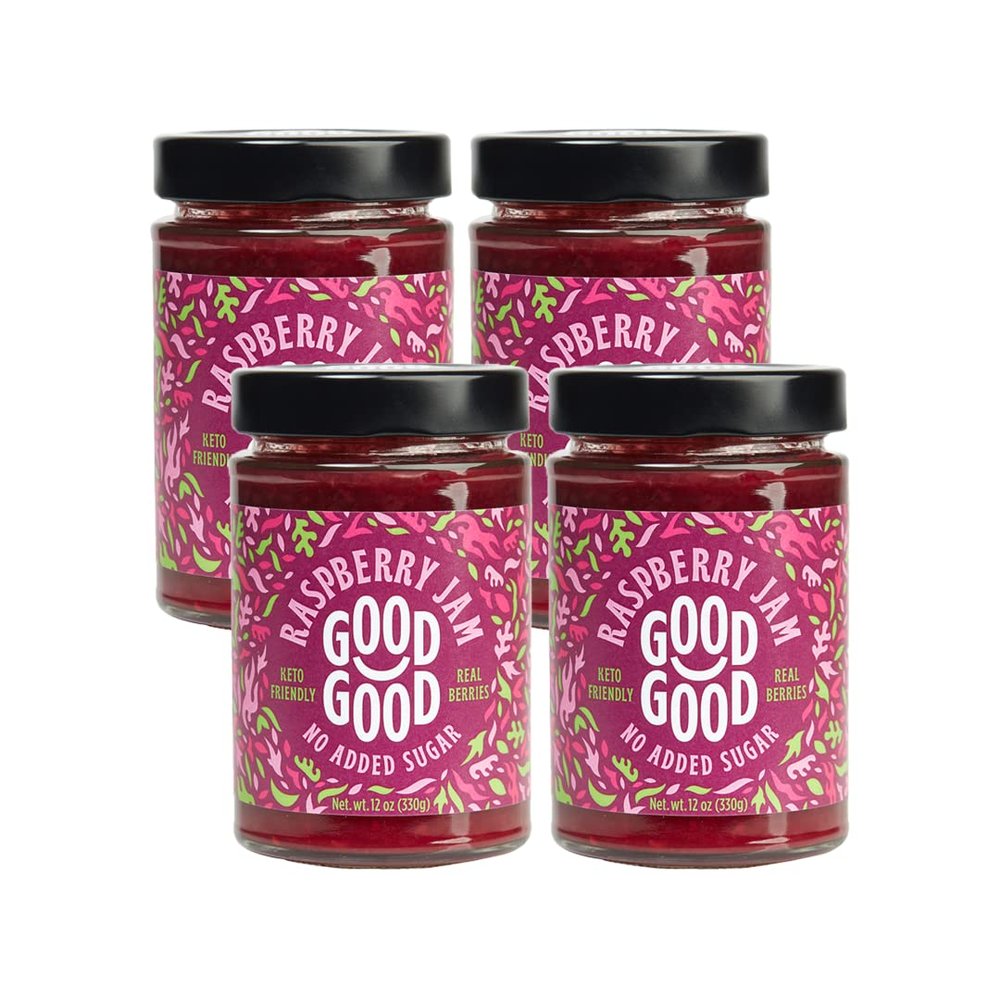 GOOD GOOD Raspberry Jam - No Added Sugar - Low Calorie - Gluten Free and Vegan - Diabetic and Keto Friendly - 12oz / 330g (Pack of 4)