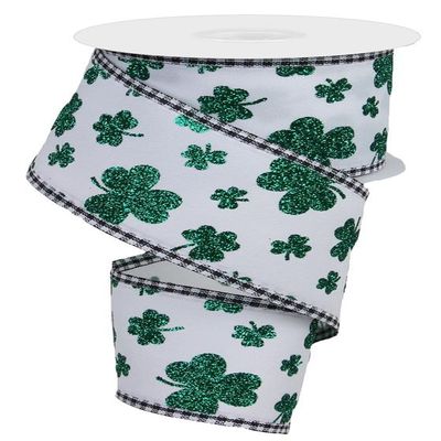 Craig Bachman 2.5" Glitter Shamrocks Gingham Ribbon: White (10 Yards) Saint Patrick Craft Floral Arrangement Gift Wrapping Wired Edge Ribbon