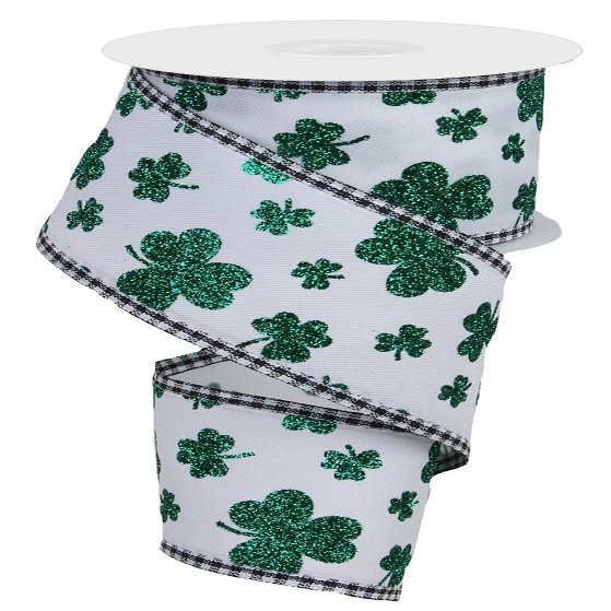 Craig Bachman 2.5" Glitter Shamrocks Gingham Ribbon: White (10 Yards) Saint Patrick Craft Floral Arrangement Gift Wrapping Wired Edge Ribbon