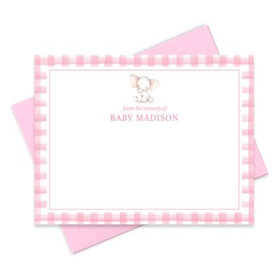 Baby Shower Thank You Cards and Envelopes Personalized from Girl Nursery, Pink Baby Thank You Cards Stationery, Flat A2 Note Card and Envelope Stationery Set (Elephant with Gingam Border)