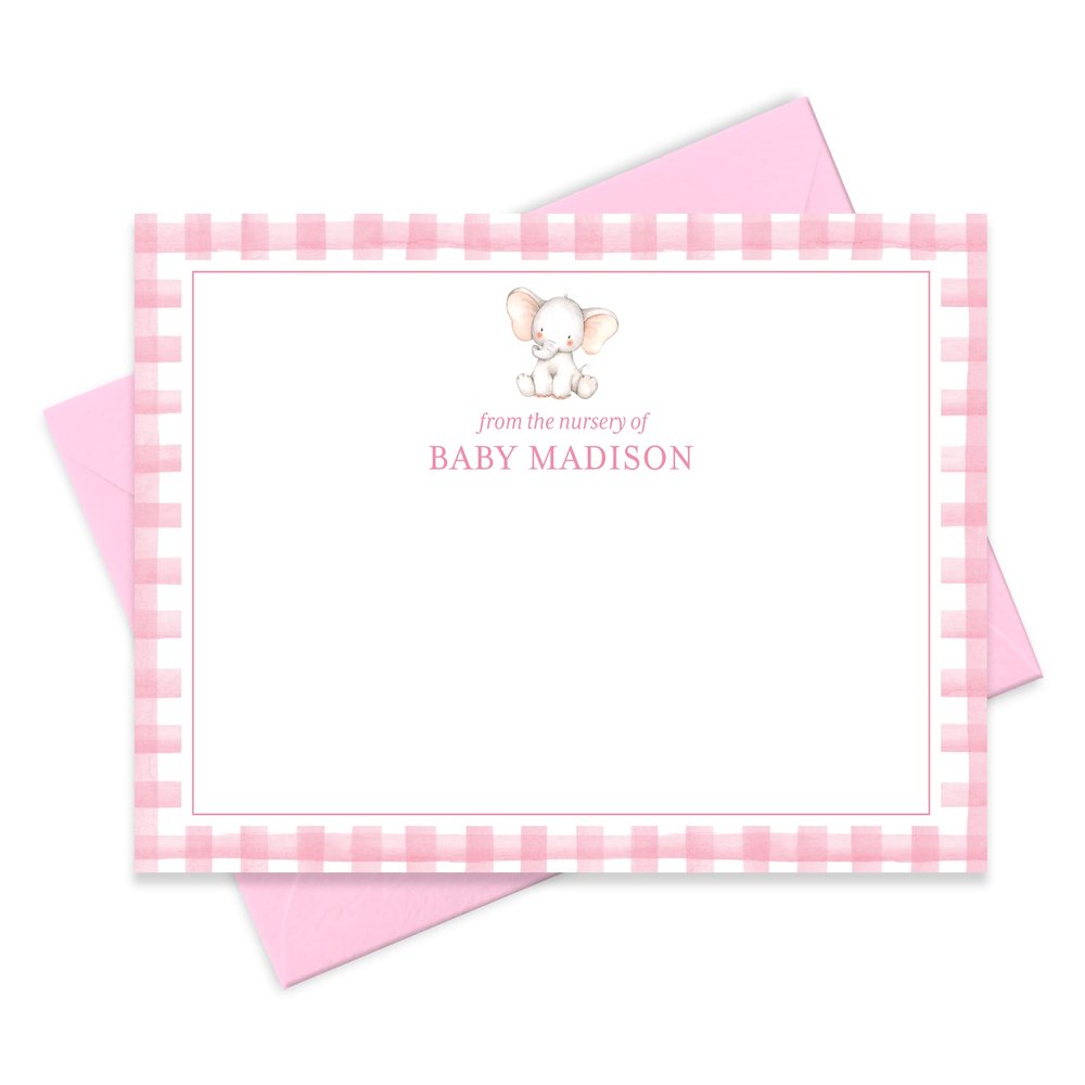Baby Shower Thank You Cards and Envelopes Personalized from Girl Nursery, Pink Baby Thank You Cards Stationery, Flat A2 Note Card and Envelope Stationery Set (Elephant with Gingam Border)