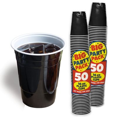 Black Plastic Cups 16 ounce, 100 Count (2 Packs of 50) -Great for Parties, Camping, Halloween Celebrations