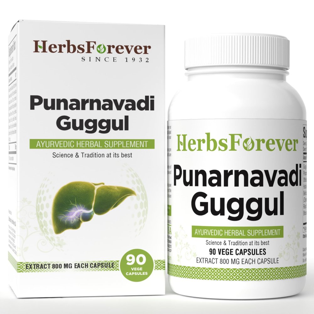HerbsForever Punarnavadi Guggulu Capsules Traditional Ayurvedic Formulation Kapha Balancing Formula 90 Vege Capsules 800 Mg Each