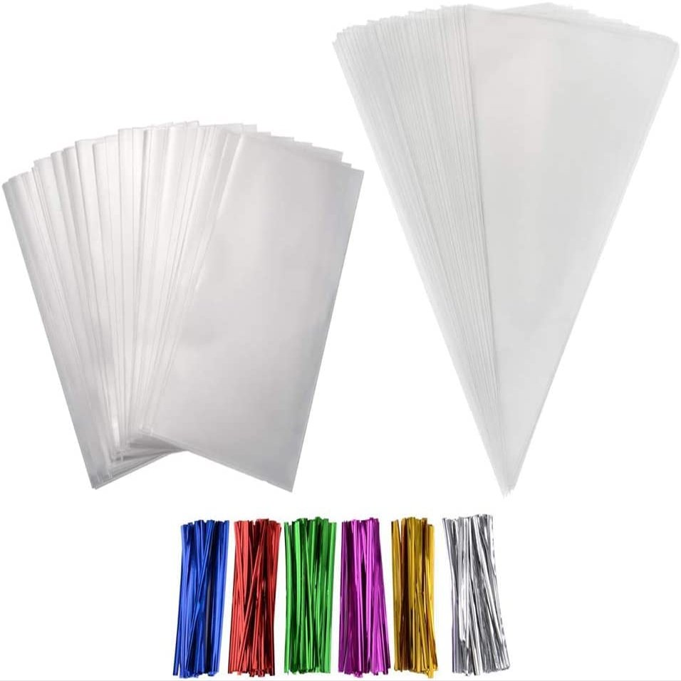 Clear Treat Bags, 200PCS Plastic OPP Cellophane Bag Party Favor with 200 Twist Ties for Bakery Cookies Candies Dessert Wedding Valentine Gifts
