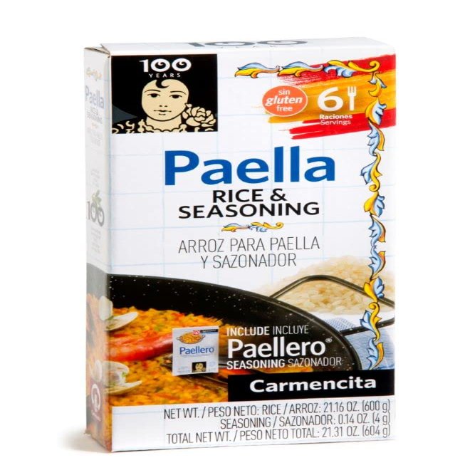 Carmencita. Rice and Seasoning. Includes Paellero seasoning. 604g (21.31oz)