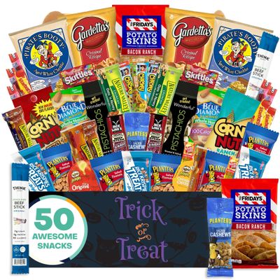 Halloween Men's Hearty Snack Box ( 50 Piece Variety Gift Basket Care Package ) Jerky, Nuts, Chips, Pretzels, Variety Pack - The Care Crate Co.