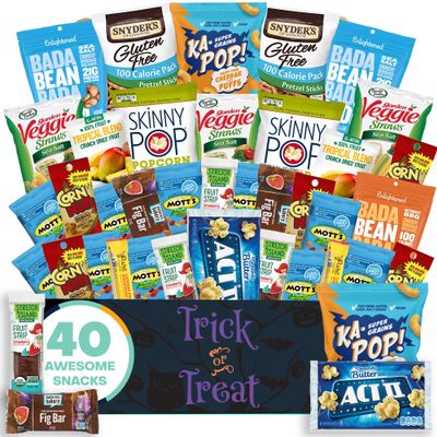 Halloween Allergy Friendly Snack Box (40 Variety Gluten Free, Dairy Free, Vegan Gift Basket Care Package) Popcorn, Pretzels, Fruit Strips, Fig Bar & More - The Care Crate Co.