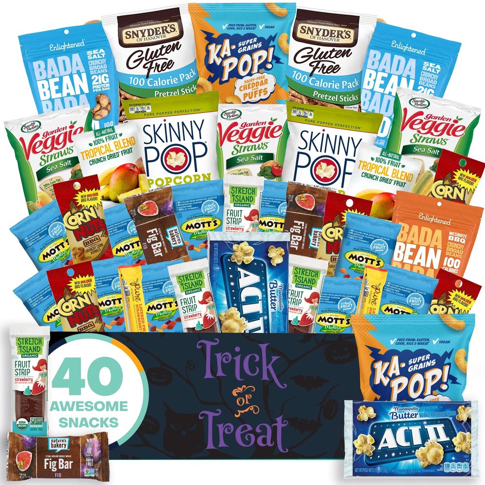 Halloween Allergy Friendly Snack Box (40 Variety Gluten Free, Dairy Free, Vegan Gift Basket Care Package) Popcorn, Pretzels, Fruit Strips, Fig Bar & More - The Care Crate Co.