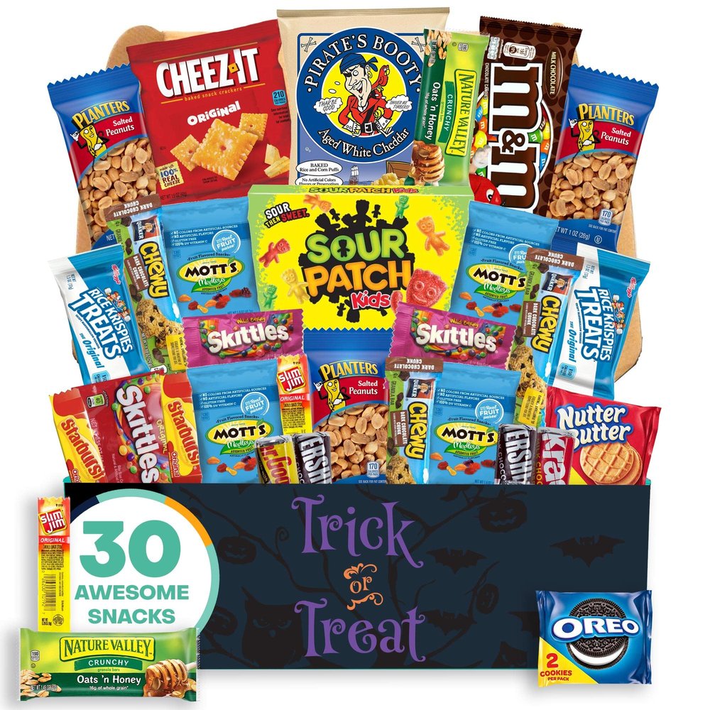Halloween Small Snack Box ( 31 Piece Variety Gift Basket Care Package ) Chips, Candy, Peanuts, Popcorn, Cookies, Gummy Snacks, Chocolates and More - The Care Crate Co.