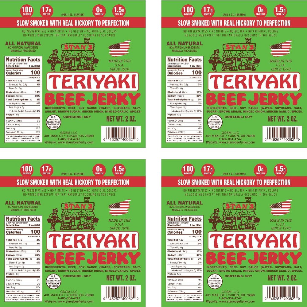 Stan's Beef Jerky Teriyaki 4 Pack | Beef Jerky Bulk| Keto Snack | Gluten Free Snacks | 2oz (4) Pack