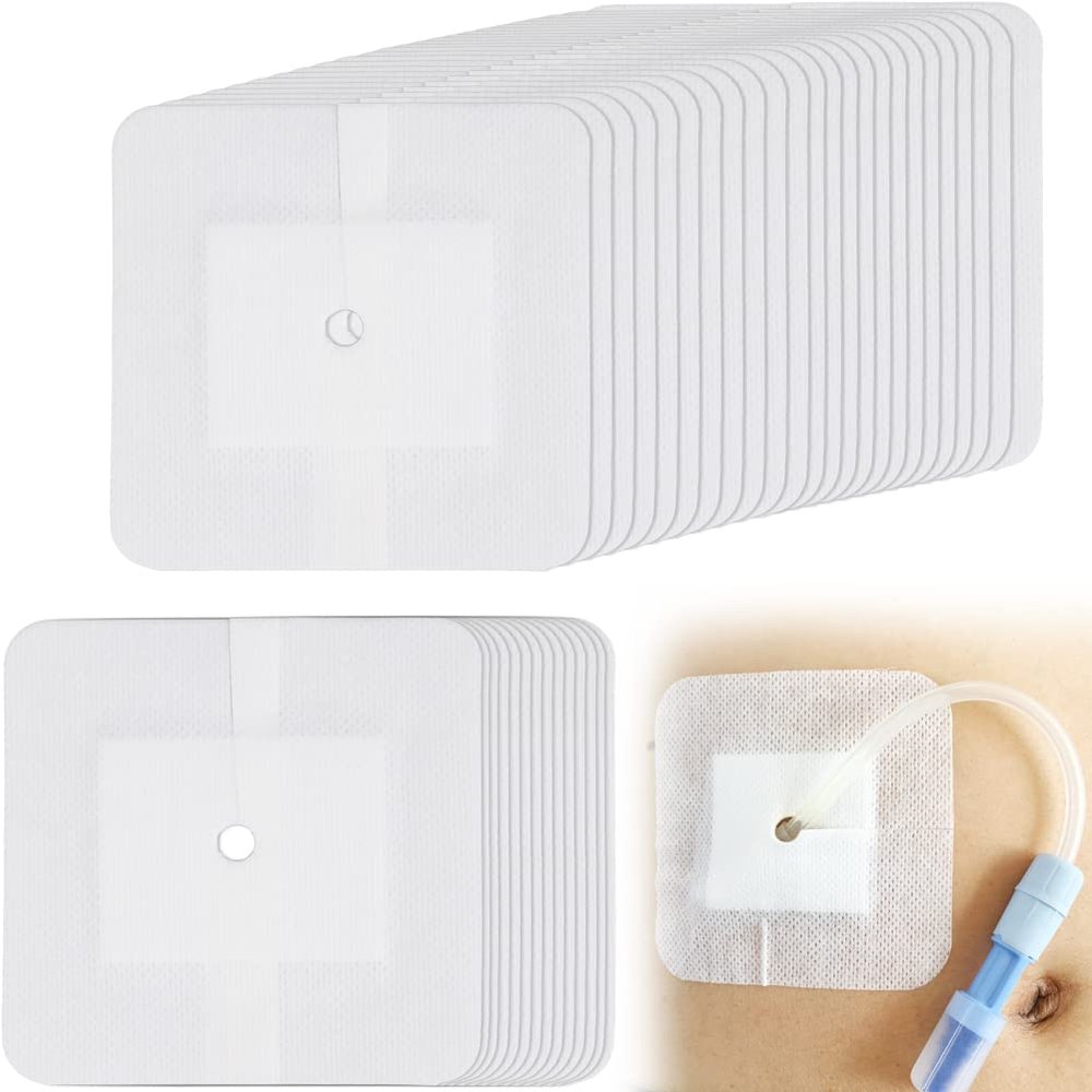 Split Drain Adhesive Bandages 4" x 4", PD Catheter Feeding Tube Pad Drainage G Tubes Holder Covers J Peg Tube Patch Peritoneal Dialysis Accessories Gtube Supplies (Pack of 20)