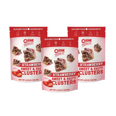 Chunk Nibbles Strawberry Snack Clusters - Real Freeze-Dried Strawberries, Pretzels & Corn Squares - Gourmet Fruity Sweet & Salty Snack, Handcrafted, No Artificial Colors - 4.25oz Resealable Pouch (3 Pack)