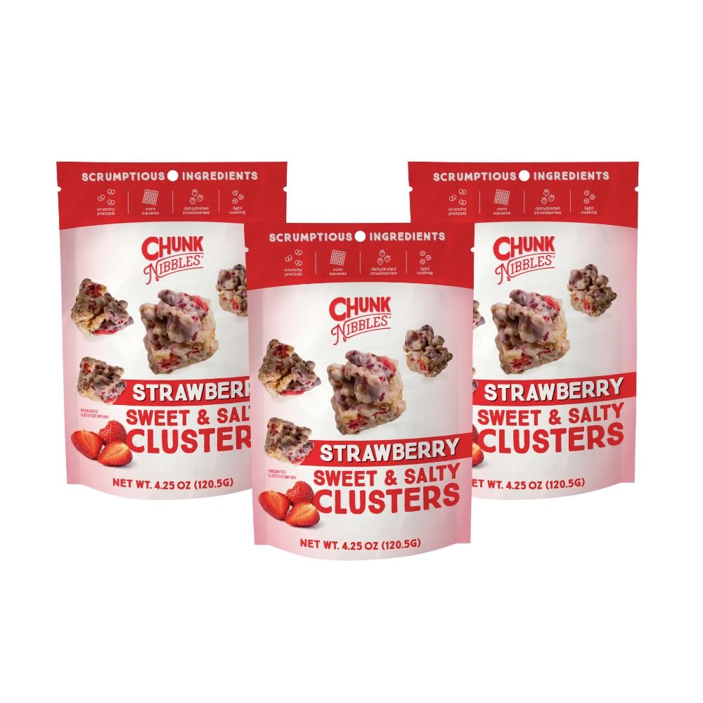 Chunk Nibbles Strawberry Snack Clusters - Real Freeze-Dried Strawberries, Pretzels & Corn Squares - Gourmet Fruity Sweet & Salty Snack, Handcrafted, No Artificial Colors - 4.25oz Resealable Pouch (3 Pack)