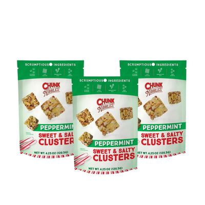 Chunk Nibbles Peppermint Snack Clusters - Holiday Sweet & Salty Snack Mix with Pretzels, Corn Squares & Peanuts - Festive Mint Flavor, Handcrafted, Small Batch - 4.25oz Resealable Pouch (3 Pack)