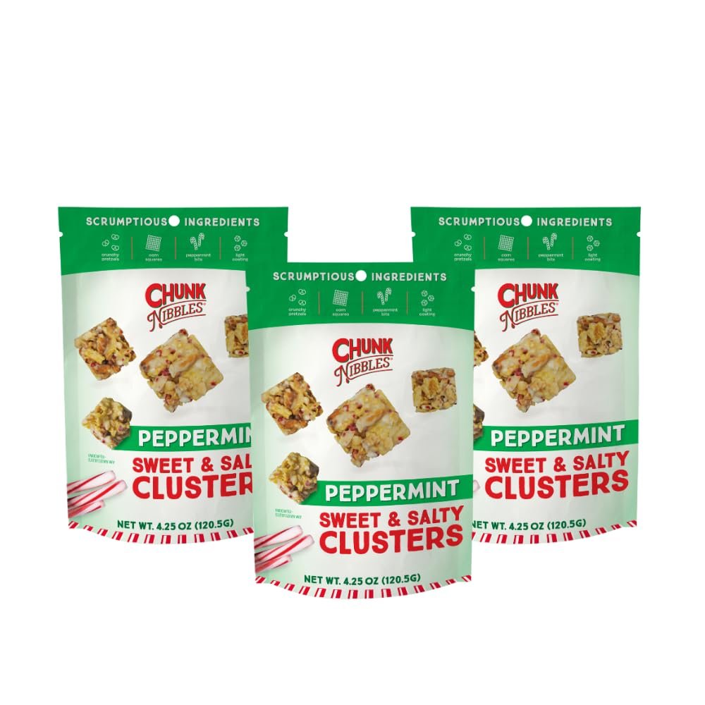 Chunk Nibbles Peppermint Snack Clusters - Holiday Sweet & Salty Snack Mix with Pretzels, Corn Squares & Peanuts - Festive Mint Flavor, Handcrafted, Small Batch - 4.25oz Resealable Pouch (3 Pack)