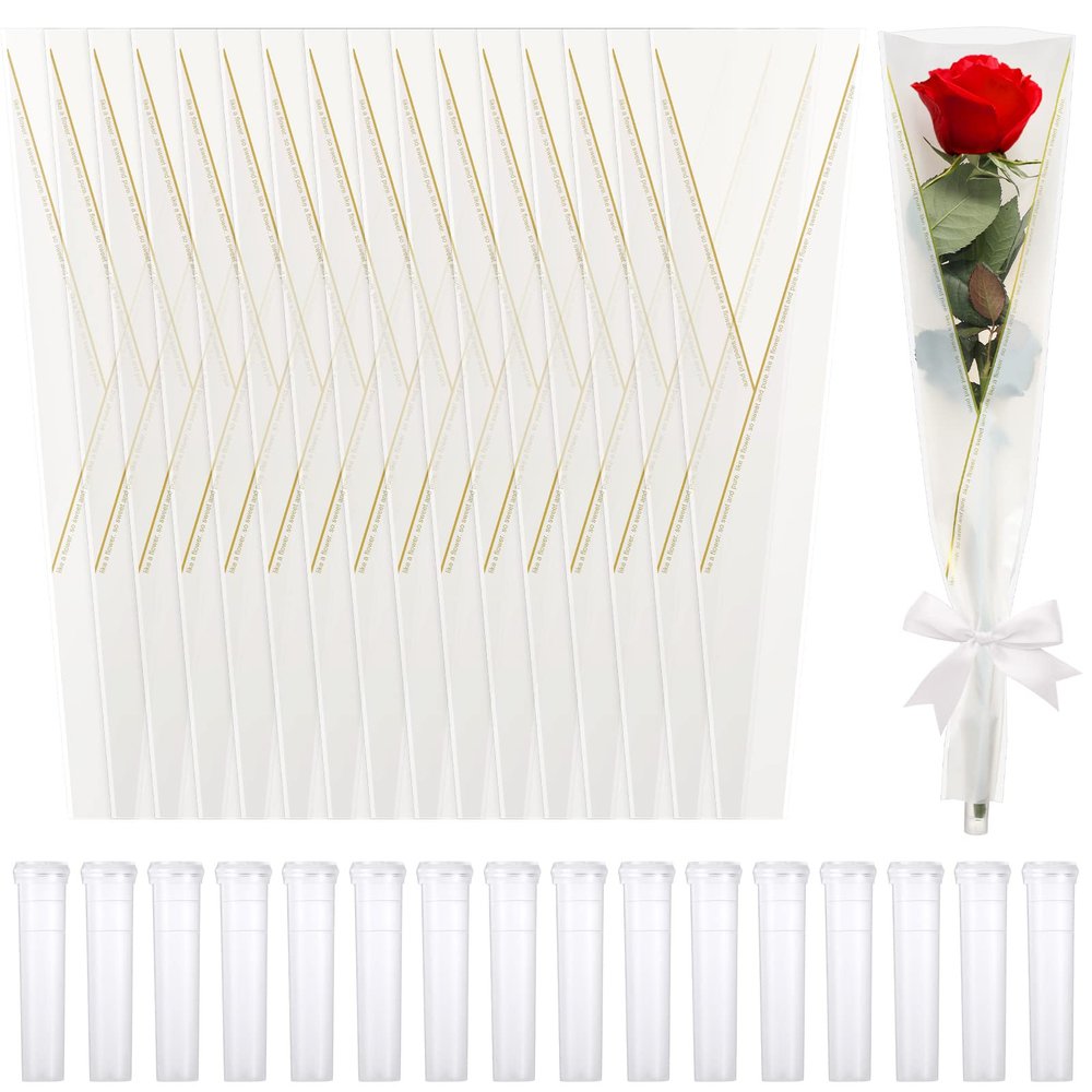 Thenshop Set of 400 Single Rose Sleeve Bulk Valentine Flower Packaging Kit 200 Pcs Single Flower Wrapping Bouquet Bags 200 Pcs Plastic Water Tubes for Mothers Day Wedding Graduation Birthday(White)