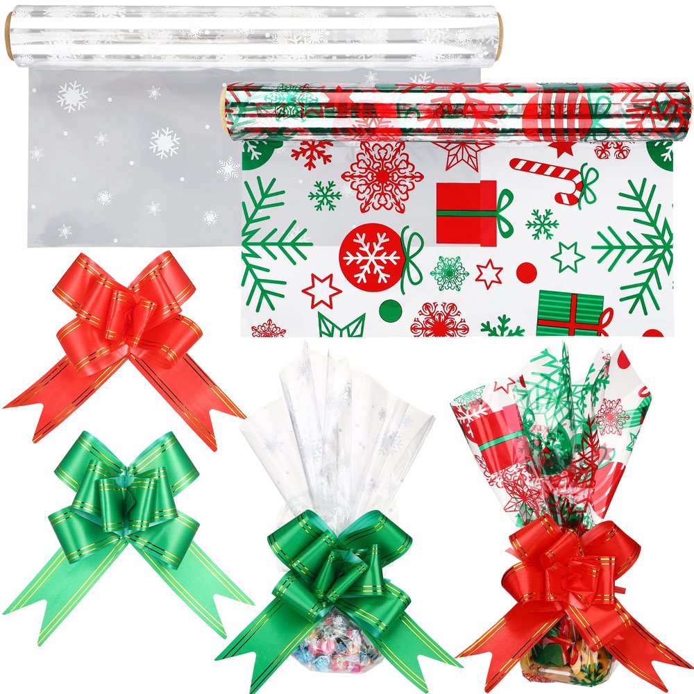 Sinmoe 2 Pack 100 ft Christmas Cellophane Wrap Set Include Long x 16 in Wide Cellophane Wrap Roll with 40 Pull Bows, Christmas Flower Gift Baskets Arts Crafts Party Supplies