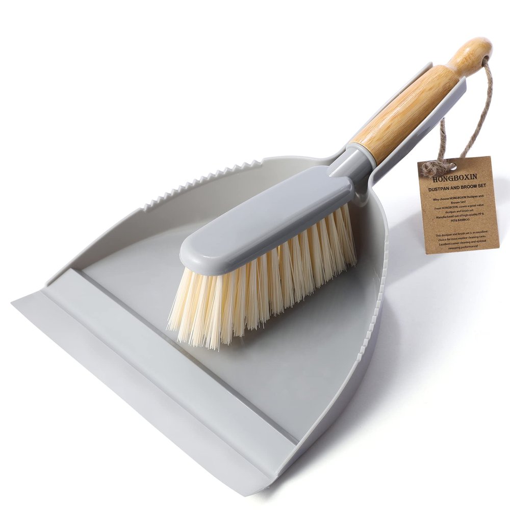 Small Dustpan and Brush Set - Mini Broom with Dustpan Set, Handheld Broom and Dust Pan Combo Set for Home, Pet Care, Car, 14 x 8.7 inch, Grey
