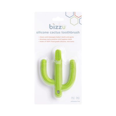 Bizzu Silicone Teether Toothbrush for Infants, Cactus Baby Gum Massager with Multiple Textures, BPA-Free Food-Grade Silicone, Dishwasher & Freezer Safe, Green
