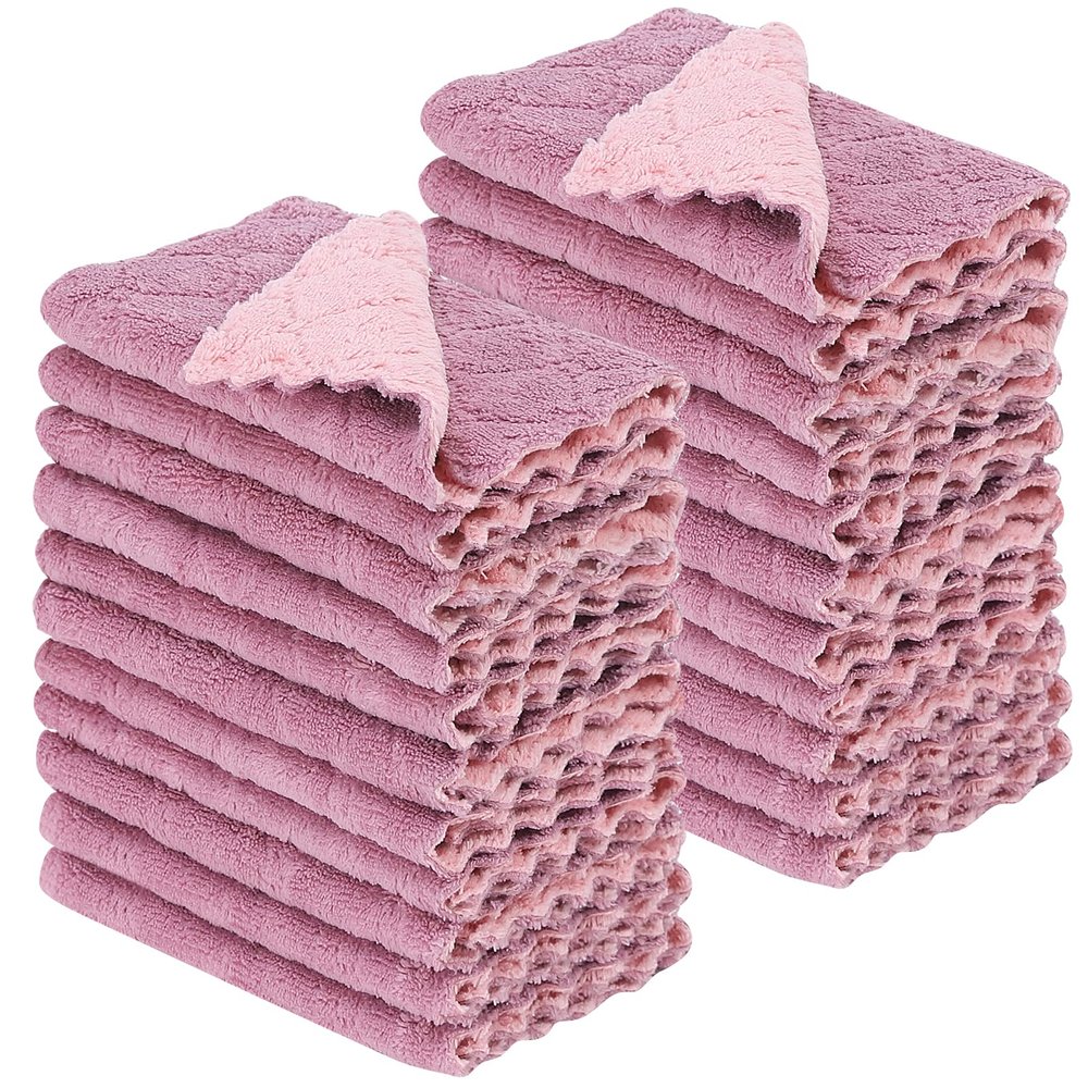 22 Pack Kitchen Dish Cloths, Reusable Dish Towels, Nonstick Oil Washable Fast Drying, Super Absorbent Coral Velvet Cleaning Cloths for Cleaning Tableware, Kitchen, Bathroom(Pink-purple-10" x 6")