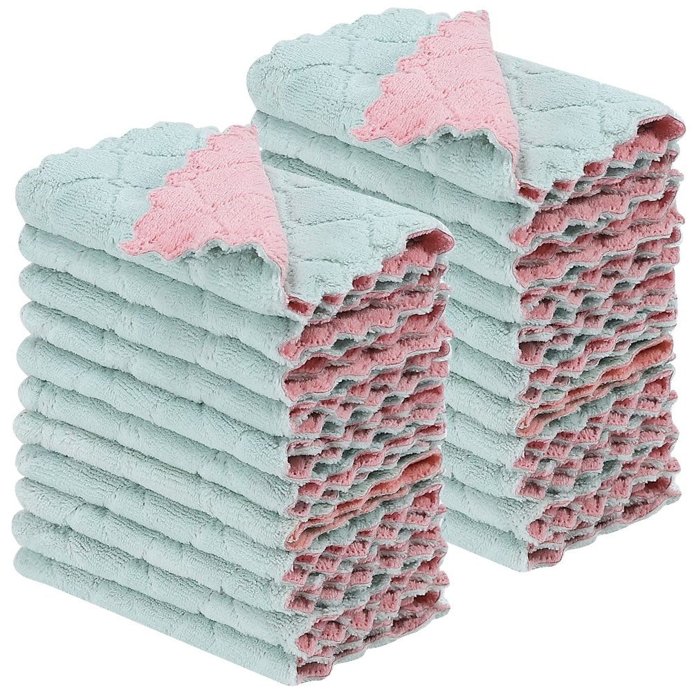 22 Pack Kitchen Dish Cloths, Reusable Dish Towels, Nonstick Oil Washable Fast Drying, Super Absorbent Coral Velvet Cleaning Cloths for Cleaning Tableware, Kitchen, Bathroom (Pink-green-10" x 6")