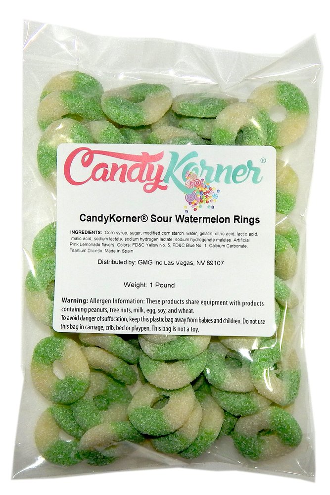 Watermelon Rings - Sour Watermelon Gummy Rings - Sour GummiRoos Gummi Rings Watermelon 1/2 Pound (8 Ounce) By CandyKorner