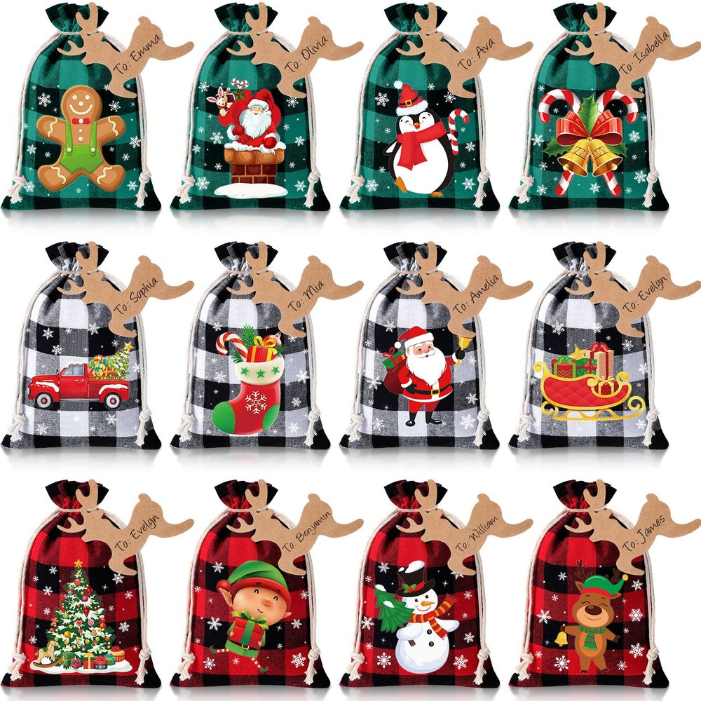 Shappy 24 Pcs Christmas Burlap Gift Bags, Small Treat Goody Bags with Drawstrings for Christmas, Featuring 12 Designs for Xmas and New Year Party Favors and Supplies(Stylish Style,7 x 5 Inch)