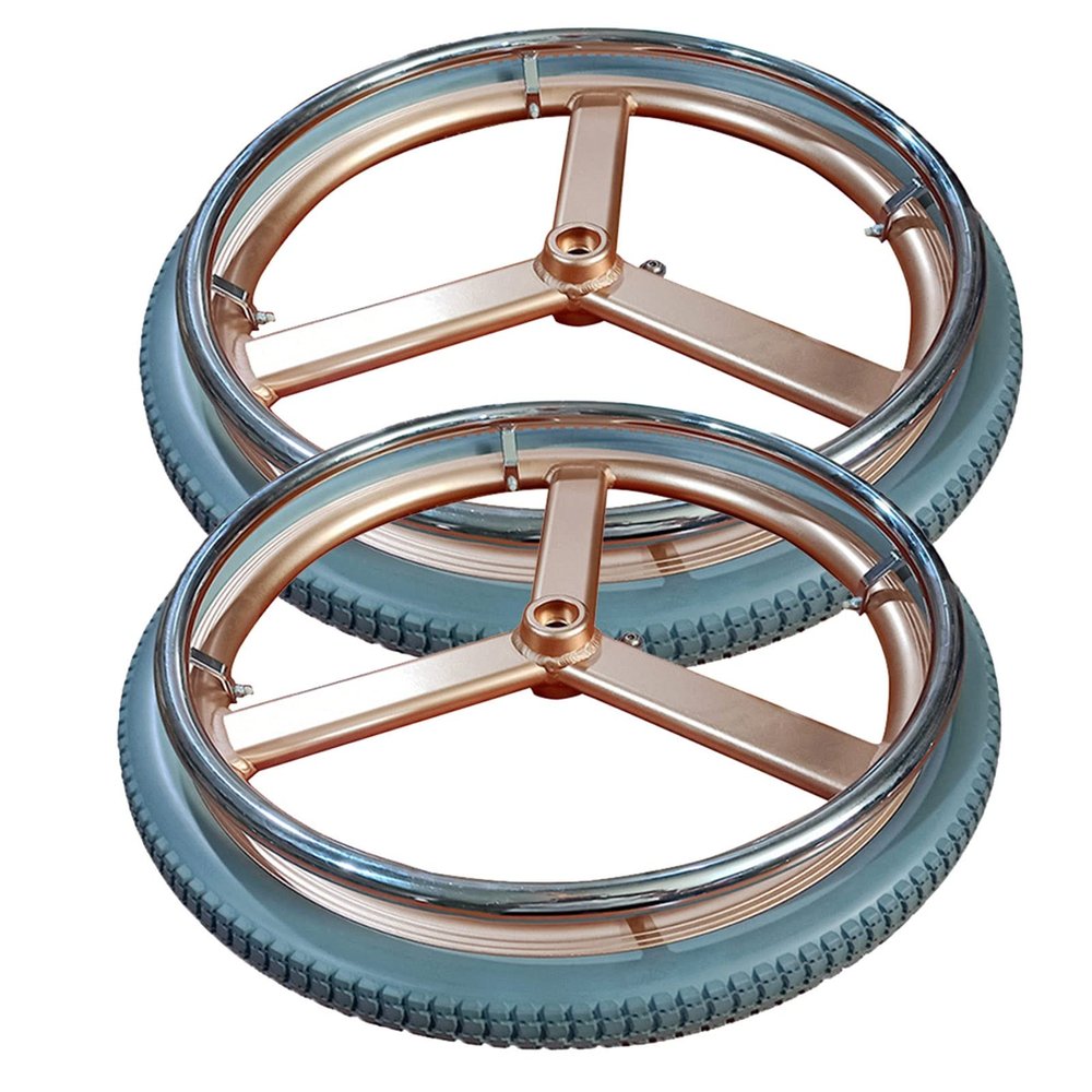 2-Pack, 22inch Wheelchair Rear Wheel Replacement Wheels, Electric Wheelchair Wheel Accessories Parts, Gold Aluminium Alloy Hub, Non-Pneumatic Solid Tires, Key Width: 6mm