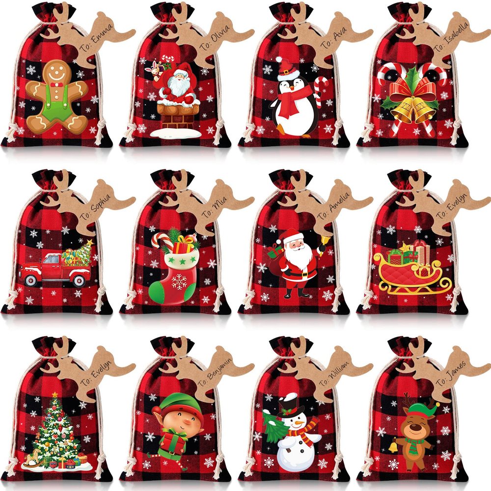 Shappy 24 Pcs Christmas Burlap Gift Bags, Small Treat Goody Bags with Drawstrings for Christmas, Featuring 12 Designs for Xmas and New Year Party Favors and Supplies(Beautiful Style,5.5 x 4 Inch)
