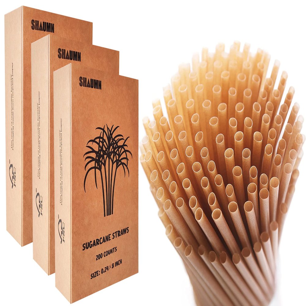 600pcs Compostable Biodegradable Sugarcane Straws Disposable 8 Inch Plasticless Sturdy Smoothie Straws Not Foggy Compatible with All Lid Types